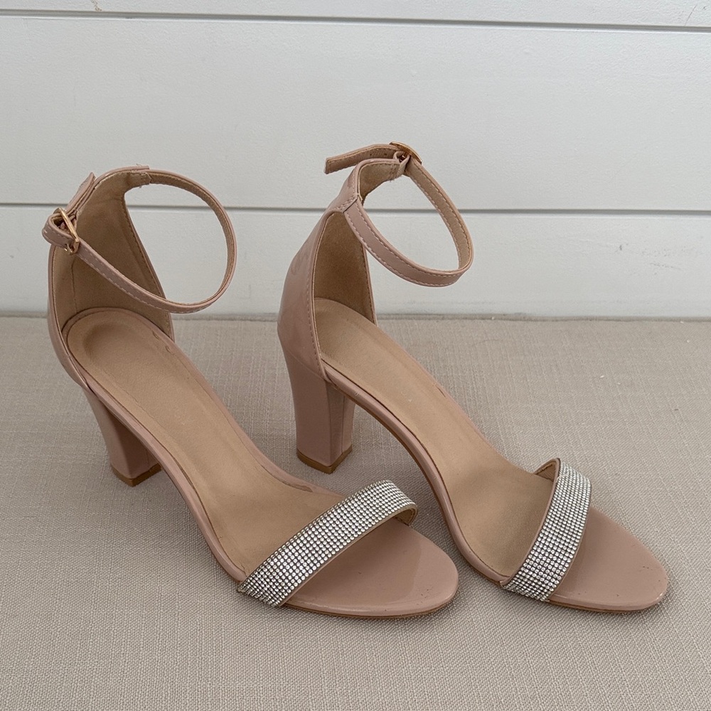 Delicacy Blush Ankle Strap Heels with Rhinestones